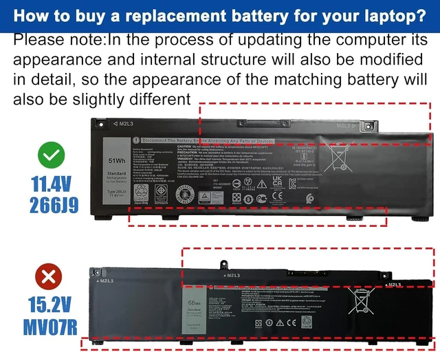 Alt view image 3 of 7 - 51Wh 266J9 3Cell Battery Replacement for Dell G3 15 3590 3500 G5 15 5500 SE 5505 P89F Inspiron 5490 (Only for 266J9 NOT for MV07R 68Wh 4Cell) Battery11.4V