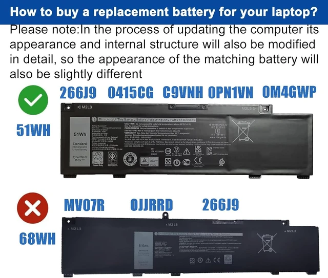 Alt view image 2 of 7 - 51Wh 266J9 3Cell Battery Replacement for Dell G3 15 3590 3500 G5 15 5500 SE 5505 P89F Inspiron 5490 (Only for 266J9 NOT for MV07R 68Wh 4Cell) Battery11.4V