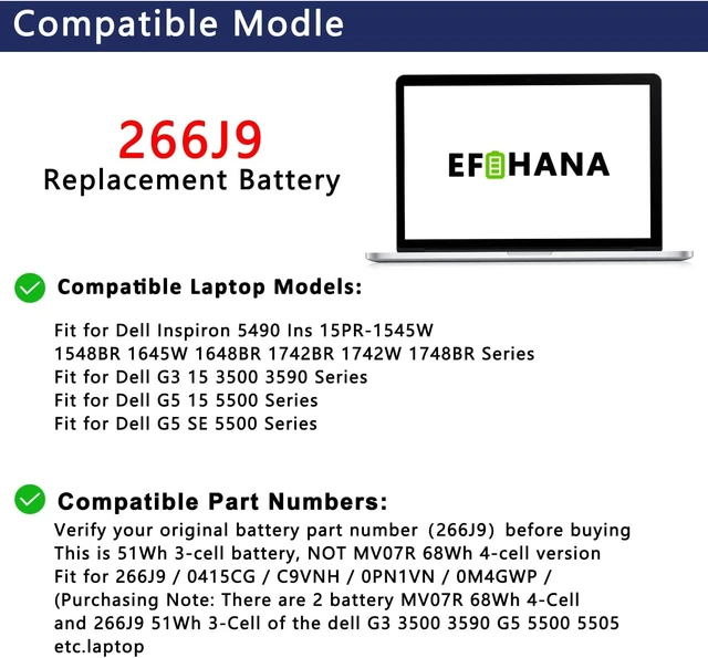 Alt view image 5 of 7 - 51Wh 266J9 3Cell Battery Replacement for Dell G3 15 3590 3500 G5 15 5500 SE 5505 P89F Inspiron 5490 (Only for 266J9 NOT for MV07R 68Wh 4Cell) Battery11.4V