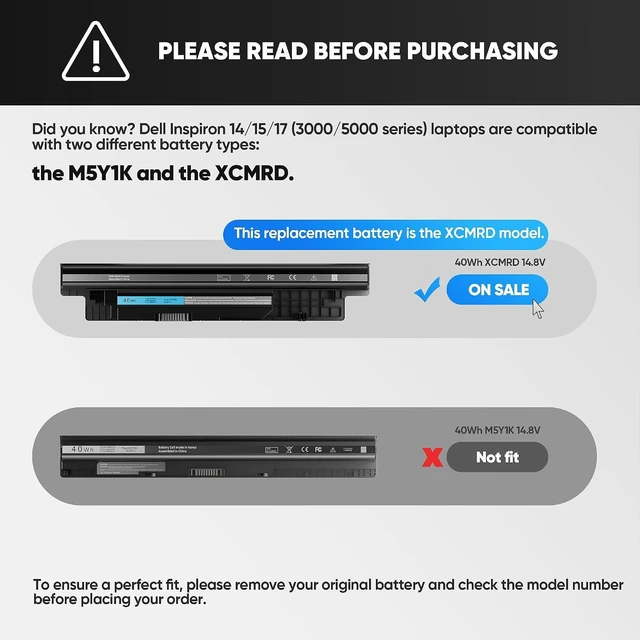 Alt view image 2 of 7 - 40Wh XCMRD 14.8V Battery for Dell Inspiron 15 3000 Series 3542 3543 3521 3537 3531 3541 17R 5721 5737 17-3737 3721 15R 5537 5521 14 3421 3437 14R 5421 5437 Latitude 3440 3540 P28F P40F FW1MN 4WY7C