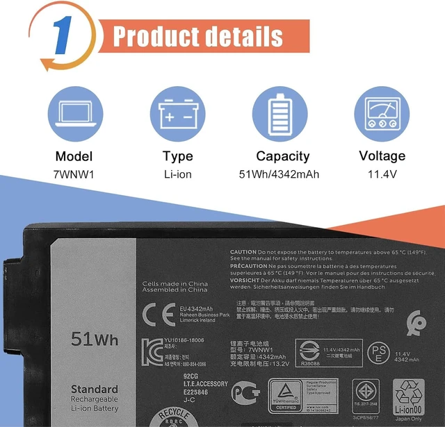 Alt view image 2 of 6 - ASODI 7WNW1 51Wh 6-cell Laptop Battery Compatible with Dell Latitude 5424 5420 Rugged 7424 Extreme P137G P85G P86G P137G001 P137G002 P85G001 P86G001 Series DMF8C GK3D3 6NNCF DP3KF DMF0C 451-BCHV 11.4V