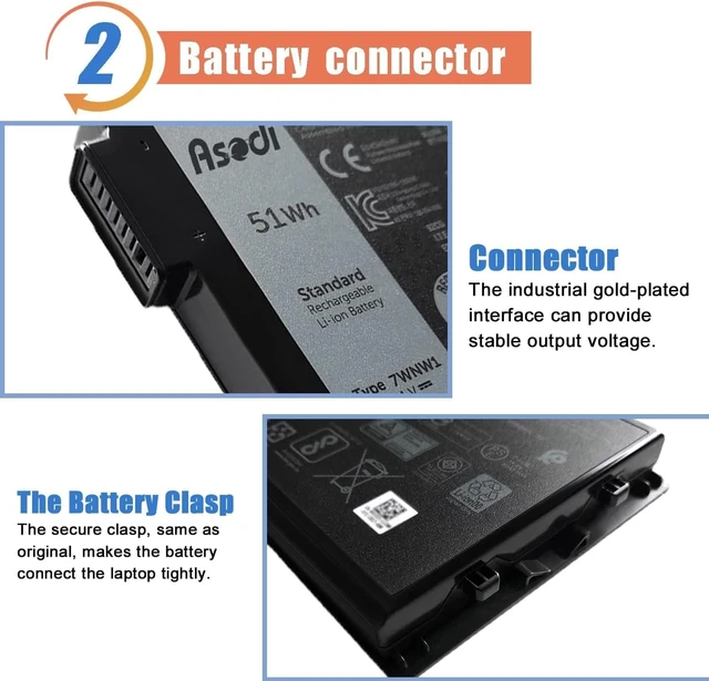 Alt view image 3 of 6 - ASODI 7WNW1 51Wh 6-cell Laptop Battery Compatible with Dell Latitude 5424 5420 Rugged 7424 Extreme P137G P85G P86G P137G001 P137G002 P85G001 P86G001 Series DMF8C GK3D3 6NNCF DP3KF DMF0C 451-BCHV 11.4V