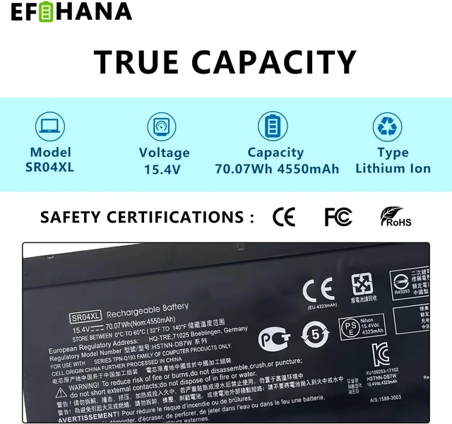 Alt view image 3 of 7 - SR04XL SR03XL 917724-855 Laptop Battery for HP Omen 15 15-CE0XX 15-DC0XX Series 15-CE198WM 15-CE015DX Pavilion 15-CB0XX 15-CX0XX 15-CB041NR 15-CX0056WM l08855-855 917678-1B1 70.07Wh 15.4V