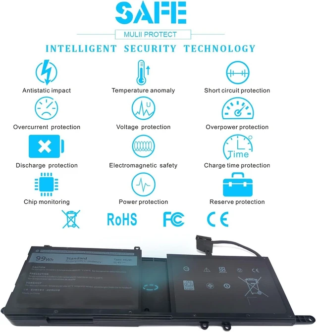 Alt view image 6 of 7 - Emanjor Type 9NJM1 44T2R MG2YH Laptop Battery Replacement for Dell Alienware 17 R4 R5 15 R3 R4 P31E P69F P31E001 P31E002 P69F001 P69F002 HF25D 01D82 546FF 0546FF HF250 0HF250 0MG2YH 99Wh 11.4V 6 Cell