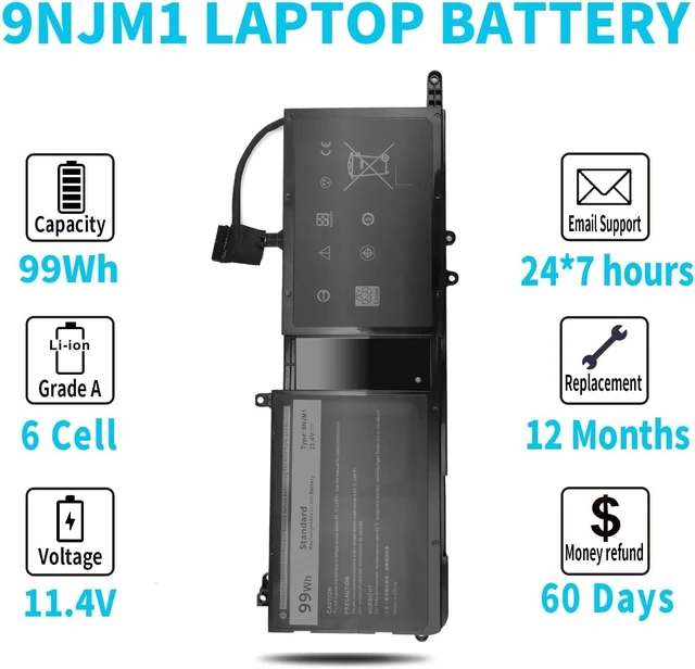 Alt view image 5 of 7 - Emanjor Type 9NJM1 44T2R MG2YH Laptop Battery Replacement for Dell Alienware 17 R4 R5 15 R3 R4 P31E P69F P31E001 P31E002 P69F001 P69F002 HF25D 01D82 546FF 0546FF HF250 0HF250 0MG2YH 99Wh 11.4V 6 Cell