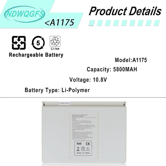 Alt view image 2 of 7 - A1175 Laptop Battery for Apple MacBook Pro 15" inch A1260 A1150 A1211 A1226 for 2006 2007 2008 Version MA348 MA348/A MA348G/A MA348J/A Laptop Notebook-Li-ion a1175 battery11