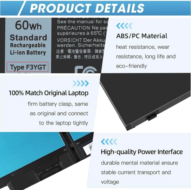 Alt view image 5 of 7 - 60Wh F3YGT Battery Latitude 7480 Battery Replacement Latitude 7490 Battery