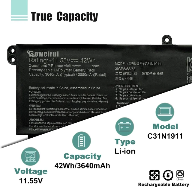Alt view image 3 of 7 - C31N1911 B31N1911 Laptop Battery for ASUS VivoBook Flip 14 A413 K413 M413 M413DA TM420 TM420IA TP420U TP470EA S433EA S433EQ S433FA S433IA Series 0B200-03580300 0B200-03580500 11.55V 42Wh 3640mAh