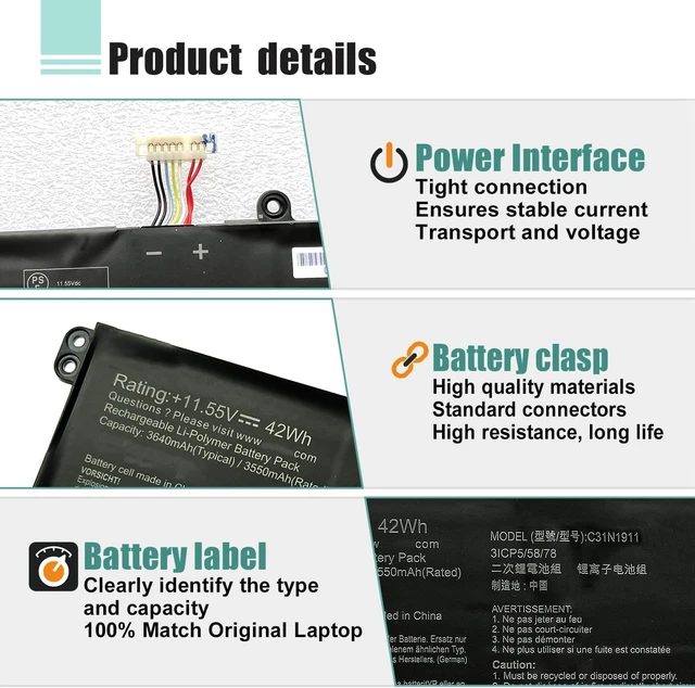 Alt view image 4 of 7 - C31N1911 B31N1911 Laptop Battery for ASUS VivoBook Flip 14 A413 K413 M413 M413DA TM420 TM420IA TP420U TP470EA S433EA S433EQ S433FA S433IA Series 0B200-03580300 0B200-03580500 11.55V 42Wh 3640mAh