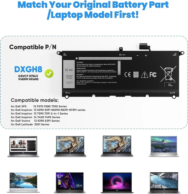 Alt view image 2 of 7 - 52Wh DXGH8 7.6V Battery for Dell XPS 13 9370 9380 Inspiron 13 7390 7391 2-in-1 5390 5391 14 7490 Latitude 3301 Vostro 13 5390 5391 G8VCF H754V 0H754V V48RM HK6N5 P82G P82G002 P113G P114G P115G 4 Cell