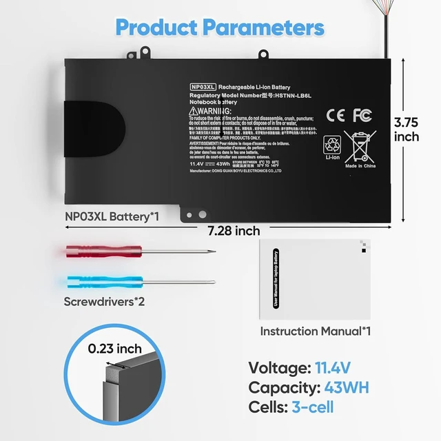 Alt view image 3 of 7 - 43Wh NP03XL NPO3XL 11.4V Battery for HP Envy X360 15 15-U011DX 15-U010DX 15-U111DX 15-U483CL 15-U493CL 15-U110DX 15-U110DX, Pavilion X360 13-A010DX 13-A013CL 13-A110DX 13-A012DX, 760944-421 HSTNN-LB6L