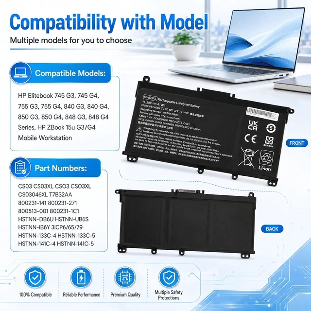 Alt view image 4 of 7 - CS03XL Battery for HP Elitebook 745 755 840 848 850 G3 Laptop