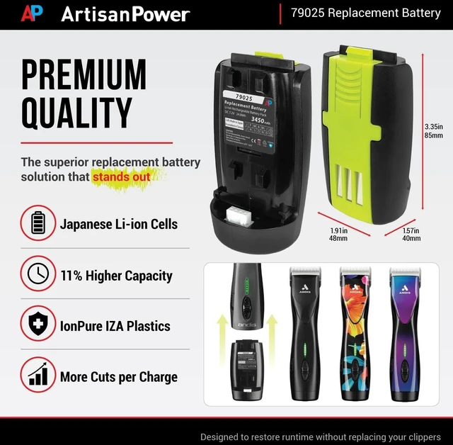 Alt view image 5 of 5 - Artisan Power Replacement Battery for Andis Supra ZR II and Pulse ZR II Hair Clippers - Replaces Battery 79025 and DBLC-2 Models - Higher Capacity - Japanese Cells