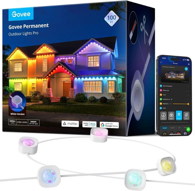 Main image of Govee Permanent Outdoor Lights Pro, 100ft with 60 RGBIC LED Lights for Daily and Accent Lighting, 75 Scene Modes for Outdoor Decor, IP67 Waterproof, Works with Alexa, Google Assistant, Matter, White