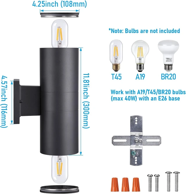 Alt view image 3 of 7 - LEONLITE 2-Pack 12" Outdoor Cylinder Wall Light, Up and Down, E26 Base