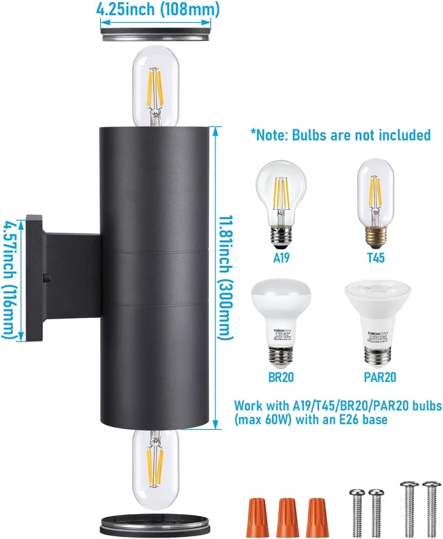 Alt view image 7 of 7 - LEONLITE 2-Pack 12" Outdoor Cylinder Wall Light, Up and Down, E26 Base