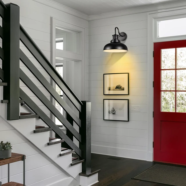 Alt view image 7 of 7 - Outdoor Barn Lights Outdoor Wall Sconces Farmhouse Exterior Wall Mount Light Vintage Outside Wall Lighting Fixture Industrial Black White Lanterns for Porch, Entryway, Garage, 2 Pack
