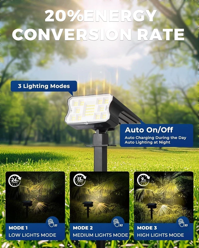 Alt view image 3 of 7 - HGGH Solar Lights Outdoor Waterproof IP67, 60 LED 3 Lighting Modes Solar Spot Lights Outdoor for Yard Garden Pathway Landscape, Auto On/Off, Function 2 in 1(Warm White, 4 Pack)