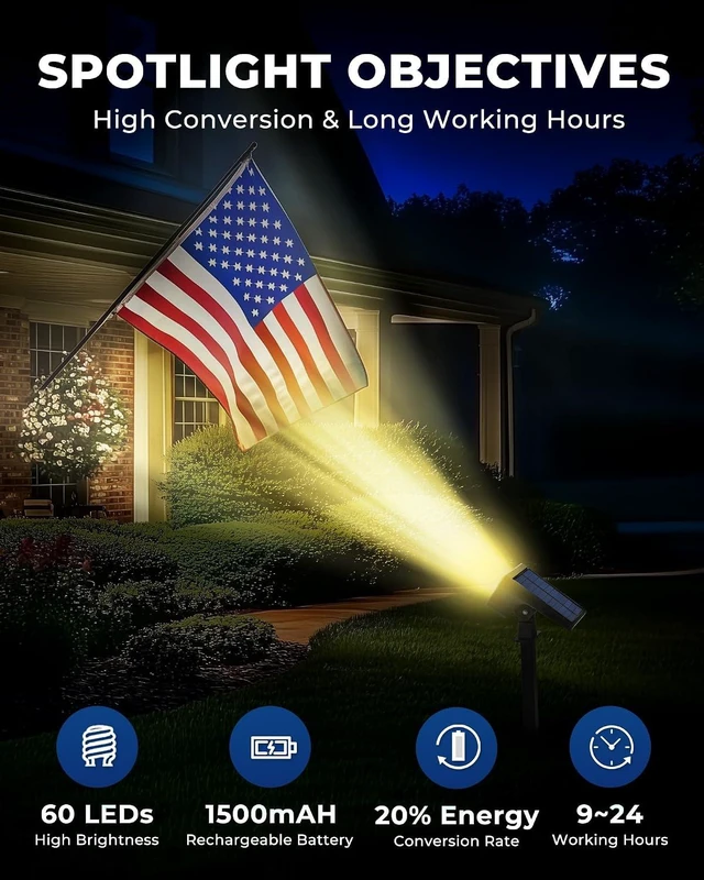 Alt view image 4 of 7 - HGGH Solar Lights Outdoor Waterproof IP67, 60 LED 3 Lighting Modes Solar Spot Lights Outdoor for Yard Garden Pathway Landscape, Auto On/Off, Function 2 in 1(Warm White, 4 Pack)