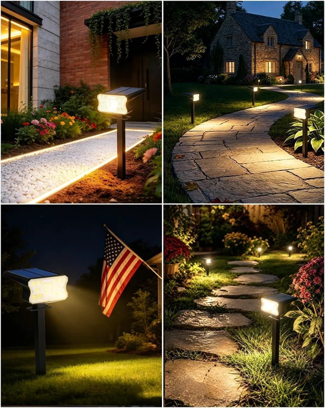 Alt view image 7 of 7 - HGGH Solar Lights Outdoor Waterproof IP67, 60 LED 3 Lighting Modes Solar Spot Lights Outdoor for Yard Garden Pathway Landscape, Auto On/Off, Function 2 in 1(Warm White, 4 Pack)
