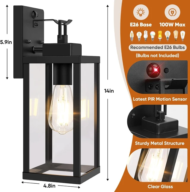 Alt view image 6 of 7 - BesLowe 2-Pack 14 Upgraded Motion Sensor Outdoor Wall Lights, Black
