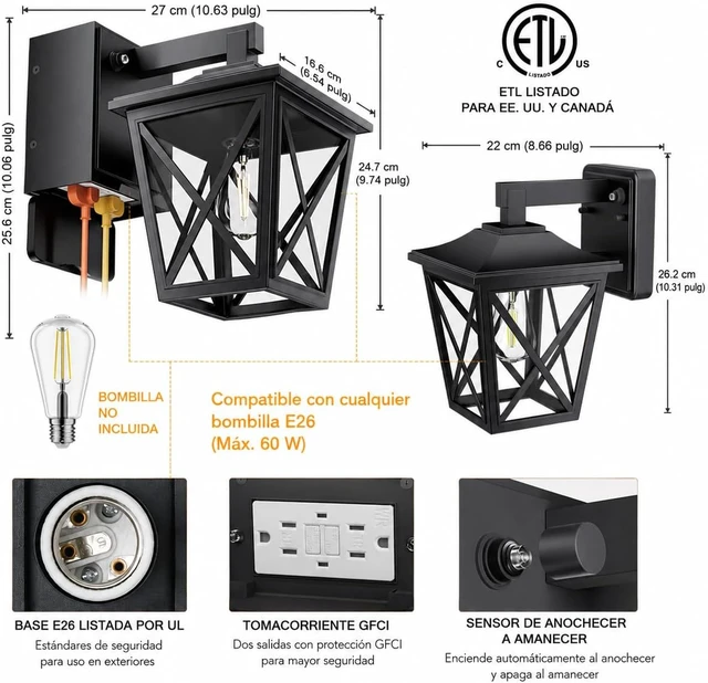 Alt view image 6 of 7 - Ehaho Porch Lights with GFCI Outlet Aircraft Grade Aluminum Alloy-Black 1PC