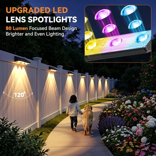 Alt view image 2 of 7 - Solar Fence Lights Outdoor 10 Pack, Upgraded Brightness 3X LED Lens Fence Lights Solar Powered, 9 Fixed Colors & RGB Lights, IP65 Waterproof Solar Lights for Outside Backyard/Railing/Step/Patio