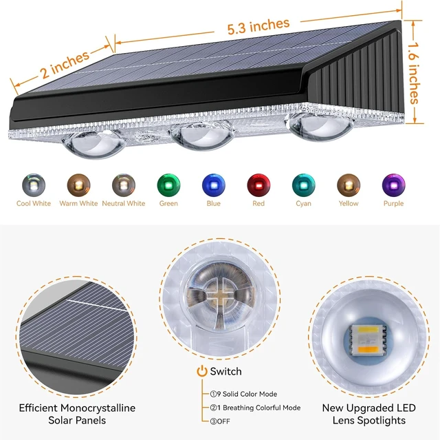Alt view image 7 of 7 - Solar Fence Lights Outdoor 10 Pack, Upgraded Brightness 3X LED Lens Fence Lights Solar Powered, 9 Fixed Colors & RGB Lights, IP65 Waterproof Solar Lights for Outside Backyard/Railing/Step/Patio