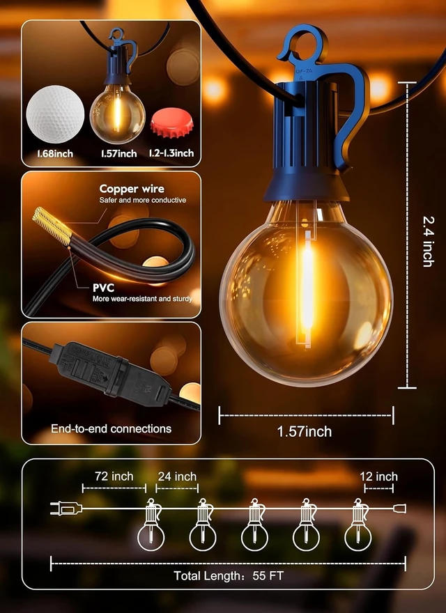 Alt view image 2 of 7 - Outdoor String Lights, 55(50+5)FT 25 Bulbs IP65 Waterproof Patio Lights