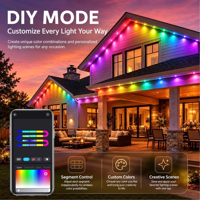 Alt view image 2 of 7 - segrass 500FT Smart Permanent Outdoor Lights RGB+IC Eaves Christmas Light Music Sync IP67 Waterproof Outdoor led Lights Permanent Outdoor Lights for House Christmas Decor Light (2 Pack 250FT)