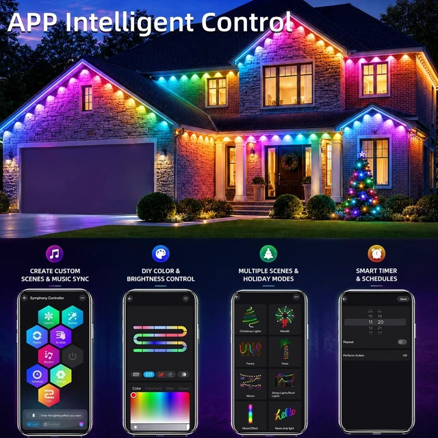 Alt view image 3 of 7 - segrass 500FT Smart Permanent Outdoor Lights RGB+IC Eaves Christmas Light Music Sync IP67 Waterproof Outdoor led Lights Permanent Outdoor Lights for House Christmas Decor Light (2 Pack 250FT)