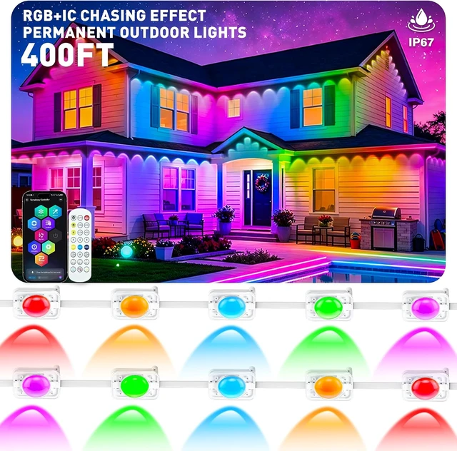 Main image of 400FT Permanent Outdoor Lights, Smart RGB+IC Eaves Lights for House, App & Remote Control, LED Roofline Lights, Waterproof Exterior House Lights for Year-Round Christmas & Holiday Lighting