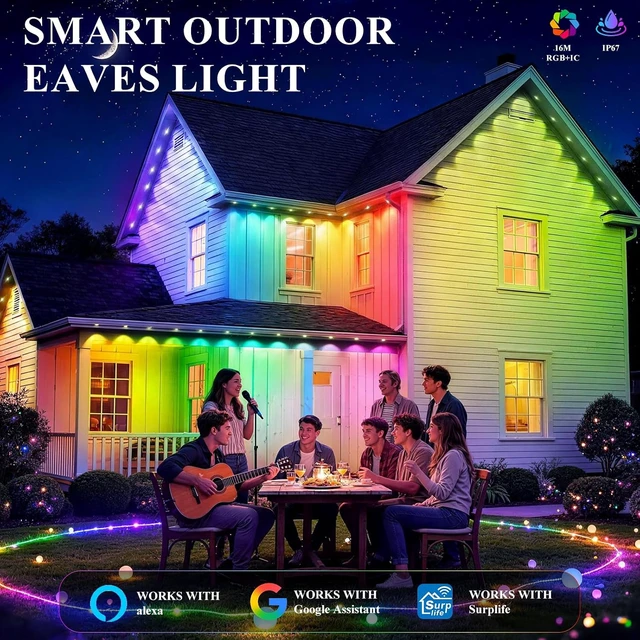 Alt view image 5 of 7 - 400FT Permanent Outdoor Lights, Smart RGB+IC Eaves Lights for House, App & Remote Control, LED Roofline Lights, Waterproof Exterior House Lights for Year-Round Christmas & Holiday Lighting