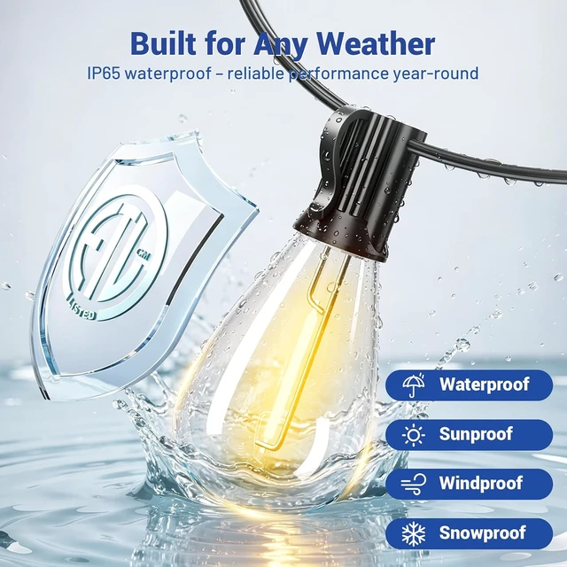 Alt view image 3 of 7 - 100FT Outdoor String Lights with Remote & Dimmable, 35+1 Shatterproof Waterproof Bulbs, Dimmable Outside Hanging Patio Lights for Backyard, Porch, Deck, Garden 2700K Warm White