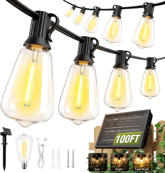 Main image of 100FT Solar String Lights Outdoor Waterproof with Remote & Timer, LED Shatterproof ST38 Bulbs, USB & Solar Powered Patio Lights for Backyard, Porch, Garden, Wedding Decor, Dusk to Dawn Lighting