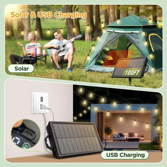 Alt view image 3 of 7 - 100FT Solar String Lights Outdoor Waterproof with Remote & Timer, LED Shatterproof ST38 Bulbs, USB & Solar Powered Patio Lights for Backyard, Porch, Garden, Wedding Decor, Dusk to Dawn Lighting