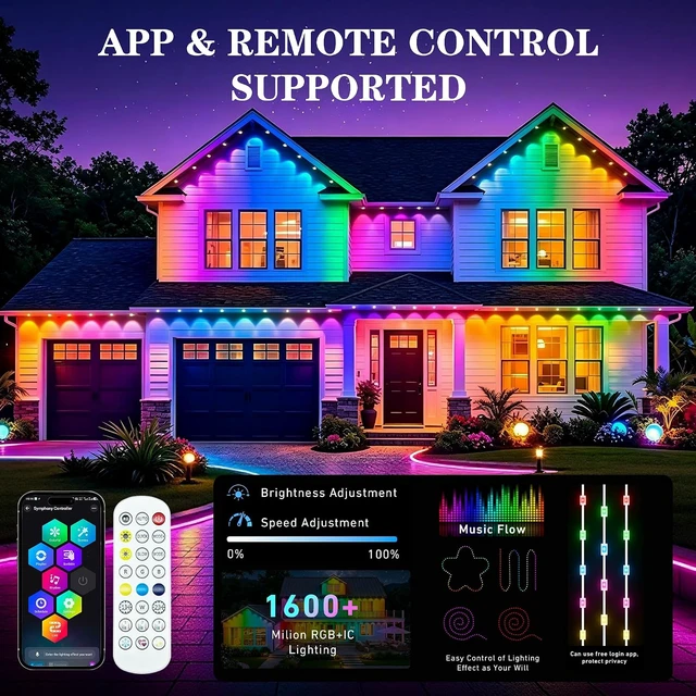 Alt view image 3 of 7 - 100FT RGB+IC Permanent Outdoor Lights, IP67 Waterproof Smart Eave Lighting, App & Remote Control Eaves Lights, DIY LED Scene Modes for House Roof Decor