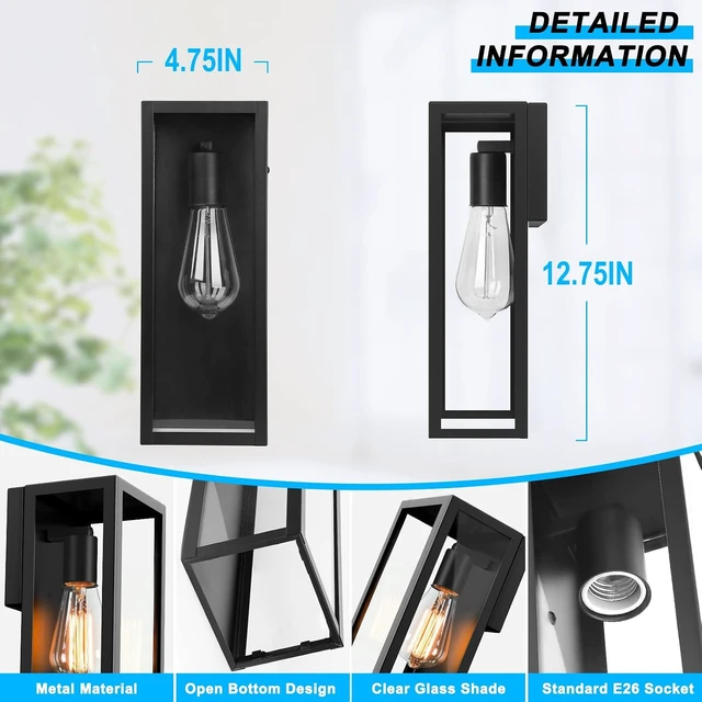 Alt view image 3 of 7 - VerRon Outdoor Black Wall Light Fixtures, Modern Exterior Wall Lanterns