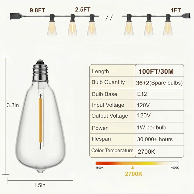 Alt view image 6 of 7 - 100FT Outdoor String Lights, IP45 Waterproof Patio Lights LED ST38