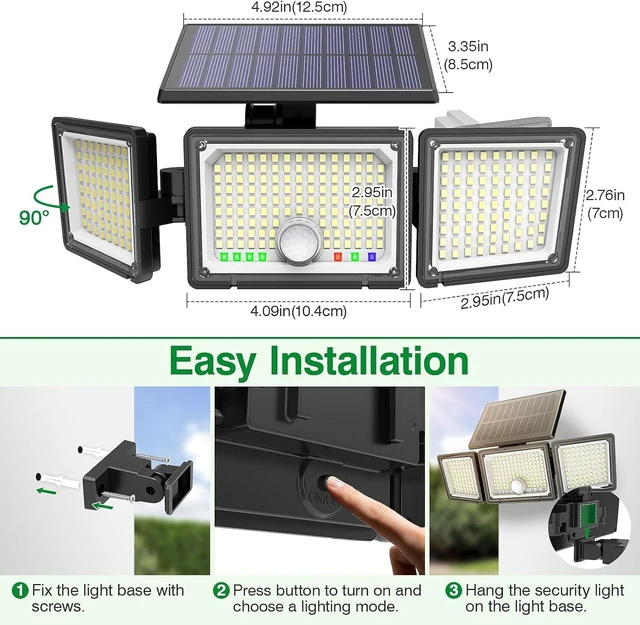Alt view image 6 of 7 - Solar Outdoor Lights Motion Sensor, 2500LM 286 LED Security Flood Lights with Visual Battery & Mode Display, 3 Lighting Modes, IP65 Waterproof 3-Head Wide Angle for Garage, Yard, Patio (2 Pack)