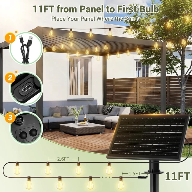 Alt view image 7 of 7 - 200FT Solar String Lights Outdoor Waterproof 72+2 LED Bulbs, Solar Powered with Remote & USB Port, 3 Light Modes Dimmable Patio Lights for Large Backyard, Garden, Party