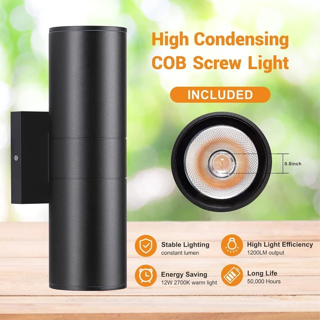 Alt view image 3 of 7 - DAKAFUL Outdoor Wall Lights 2 Packs, Integrated LED Cylinder Up Down 12W 2700K Modern Aluminum Light, Waterproof Exterior Light for Porch Patio Door, Matte Black
