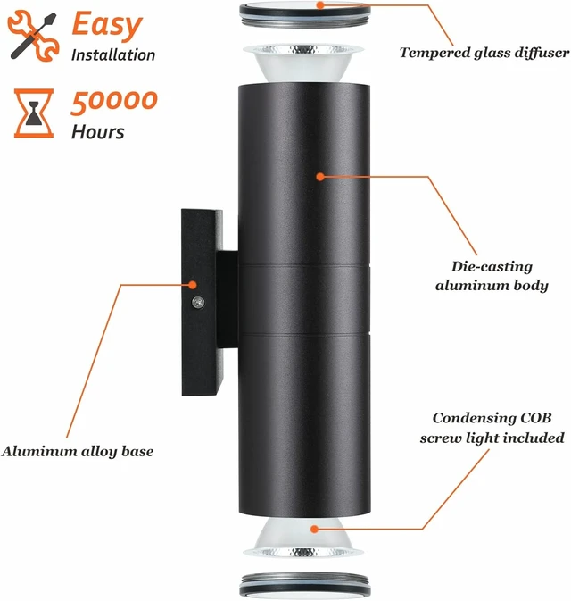 Alt view image 5 of 7 - DAKAFUL Outdoor Wall Lights 2 Packs, Integrated LED Cylinder Up Down 12W 2700K Modern Aluminum Light, Waterproof Exterior Light for Porch Patio Door, Matte Black