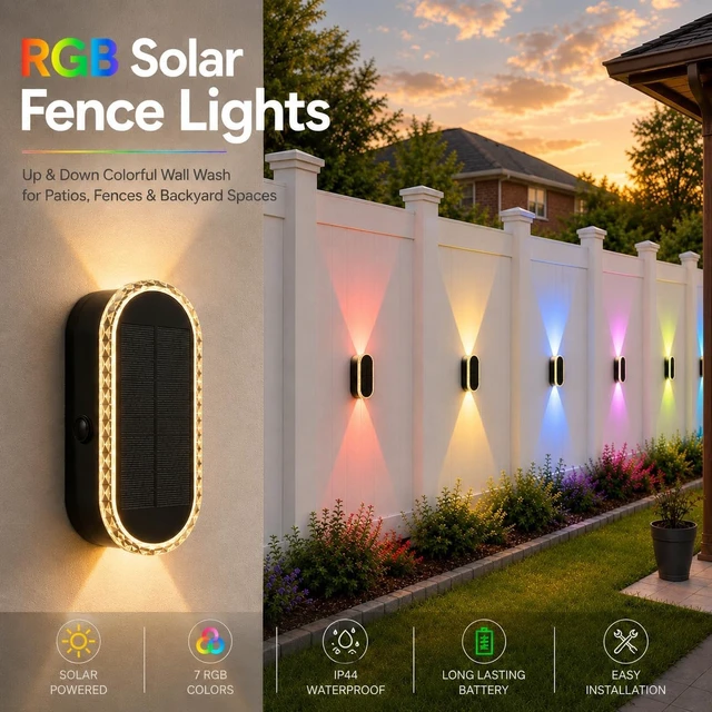Alt view image 5 of 7 - Herzila 10 Pack Solar Fence Lights,RGBW Solar Powered Fence Wall Lights, Waterproof 7-Color Changing Up Down Lighting Wall Lights for Outdoor/Patio/Porch/Pool Cage