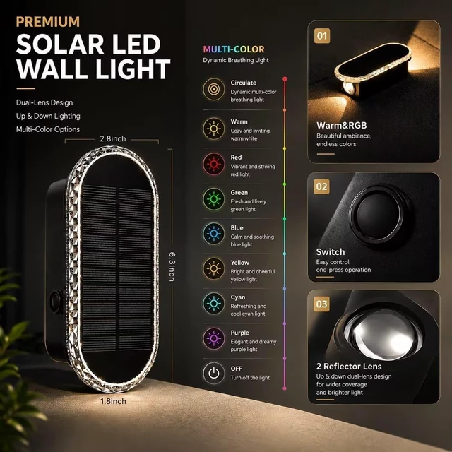 Alt view image 6 of 7 - Herzila 10 Pack Solar Fence Lights,RGBW Solar Powered Fence Wall Lights, Waterproof 7-Color Changing Up Down Lighting Wall Lights for Outdoor/Patio/Porch/Pool Cage