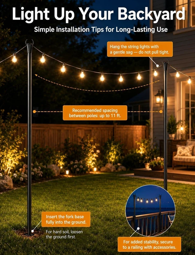 Alt view image 4 of 7 - 4 Pack String Light Poles for Outside, Adjustable Metal Patio Light Poles