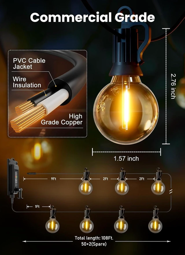 Alt view image 5 of 7 - Brightown 108FT 52LED Solar String Lights Outdoor with Remote & USB Port