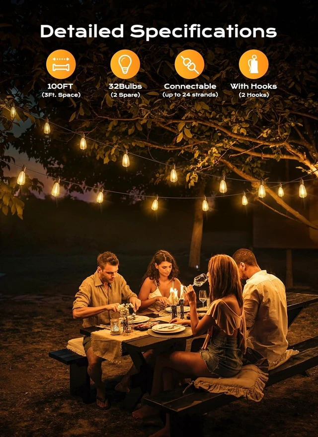Alt view image 2 of 7 - Brightown Outdoor String Lights Patio Lights 100FT ST38 Waterproof Dimmable