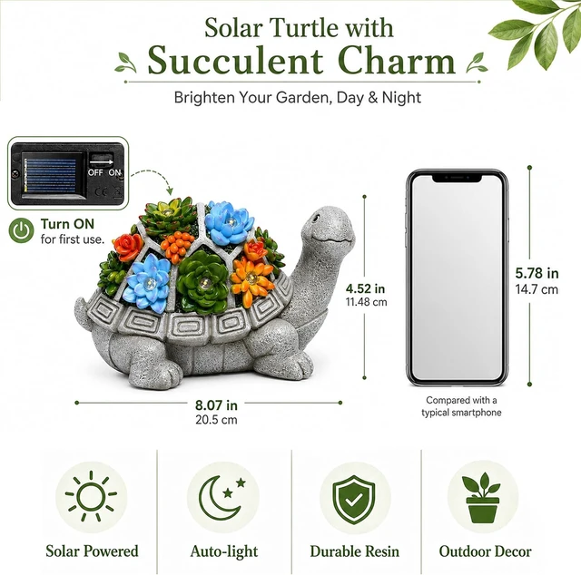 Alt view image 7 of 7 - Nacome Solar Turtle Garden Statue - Succulent & 7 LED Lights, Outdoor Decor
