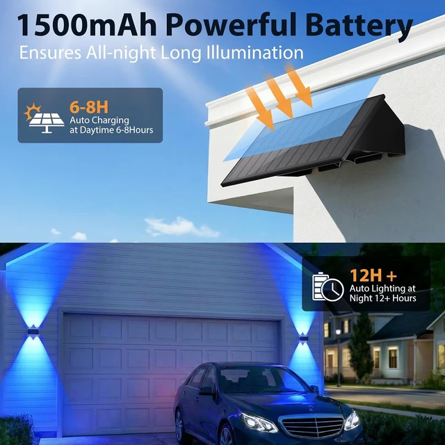 Alt view image 3 of 7 - 8PACK Solar Sconce Lights Outdoor,8 Lighting Modes Up and Down Solar Wall Lights Dusk to Dawn Lighting IP65 Waterproof Solar Lights Outdoor for House Exterior Front Porch Garage Fence Patio Yard